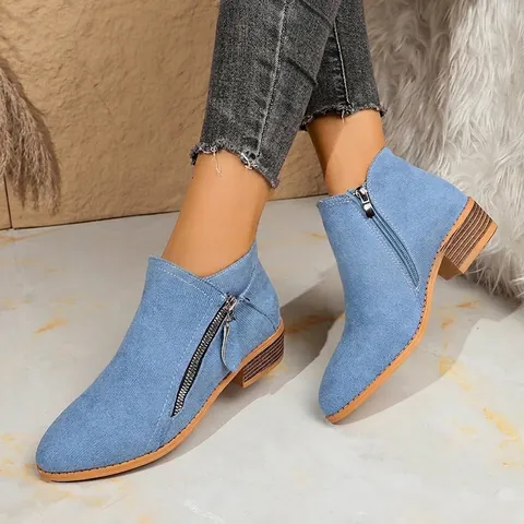 Women Ankle Boots Double Side Zippers Chunky Heel Short Boots Synthetic Leather Faux Suede Pointed Toe Plus Size Shoes