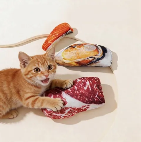 Realistic Simulation Food Salmon Steak Mussel Catnip Plush Toy For Cats Bite Resistant Soft Plush Kitten Molar Interactive Toy