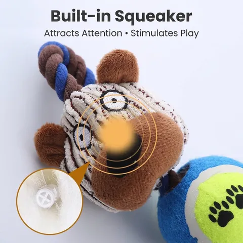 Corduroy Plush Squeaky Dog Chew Toy Animal Shape With Tennis Ball And Cotton Rope Molar Dental Cleaning Interactive Pet Toy