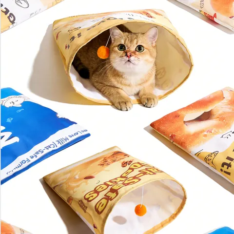 Interactive Crinkle Cat Tunnel Toy Food Bag Design Cookie Milk Bread Pattern Hideaway Cat Tube With Hanging Ball Pet Supplies