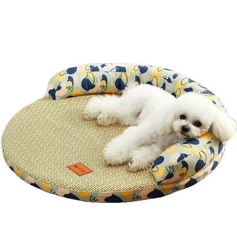 Cama Refrescante de Verano para Mascotas Estera de Ratán Lavable Nido para Perro Gato Patrón Floral Sofá Redondo para Perros Pequeños Gatos