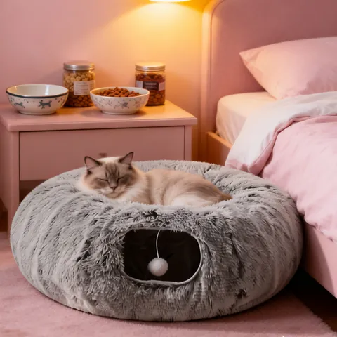 Foldable Long Plush Polyester Round Cat Tunnel Bed With Steel Wire Support Warm Pet Nest Cave With Hanging Ball For Indoor Cats