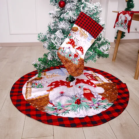 Christmas Tree Skirt Stocking Table Runner Buffalo Plaid Gnome Holiday Home Party Decoration Red Black Plaid Festive Decor Set