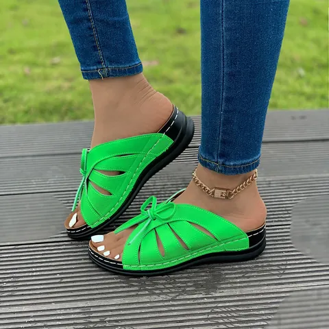 Women Wedge Sandals PU Leather Bow Cut-out Peep Toe Platform Slides Summer Casual Slipper Fashion Comfort Outdoor Footwear