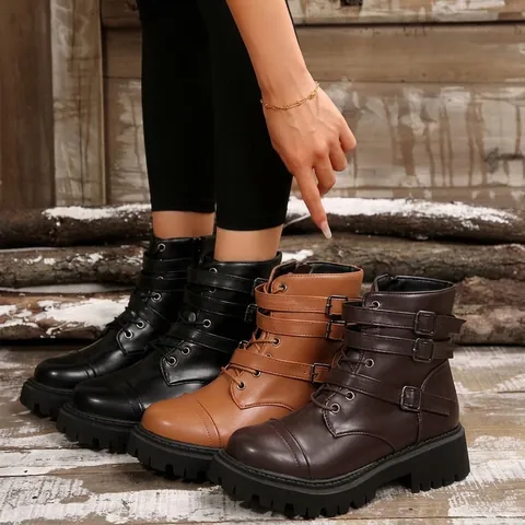 Women's Retro PU Leather Martin Boots With Buckle Straps Side Zipper Thick Sole Western Biker Boots Autumn Winter Plus Size
