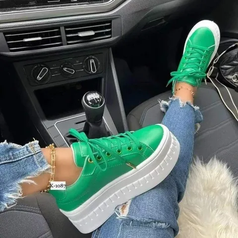 Women Fashion Platform Sneakers Lace Up Synthetic Leather Board Shoes Casual Korean Style Thick Sole Solid Color Daily Footwear