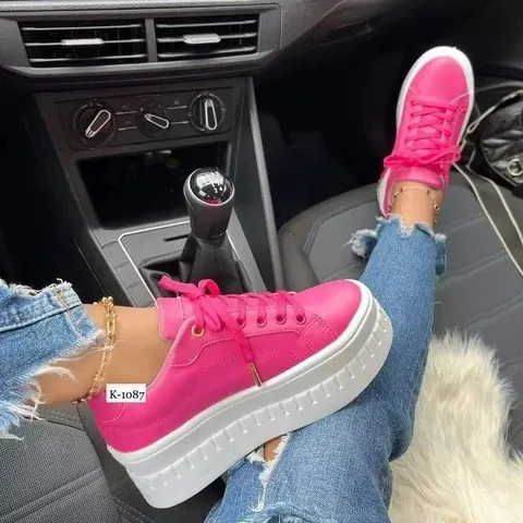 Women Fashion Platform Sneakers Lace Up Synthetic Leather Board Shoes Casual Korean Style Thick Sole Solid Color Daily Footwear