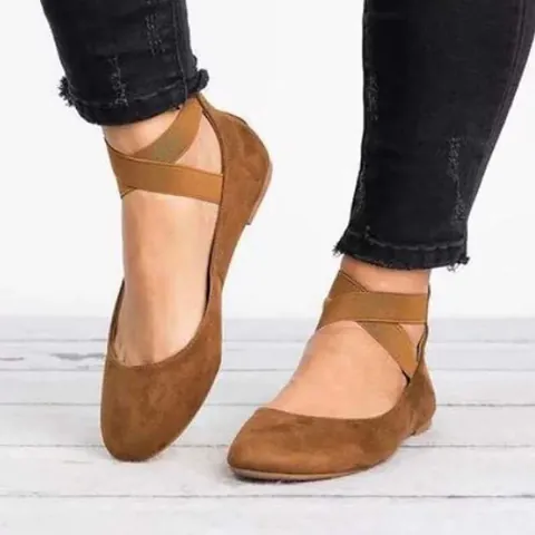 Women's Vintage Round Toe Flat Shoes Suede Retro Shallow Mouth Casual Shoes With Elastic Cross Straps For Daily Comfort