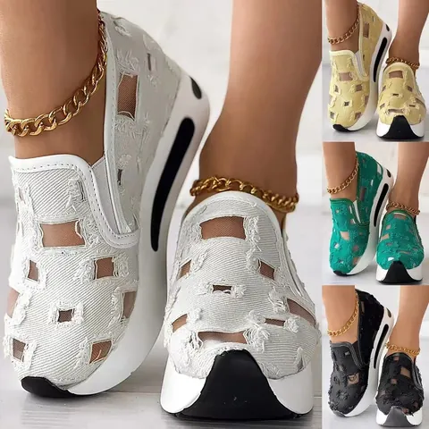 Dames Platform Gaas Canvas Sandalen Casual Ademend Instapper Opengewerkt Verouderd Antislip Sport Loafers Wandelschoenen
