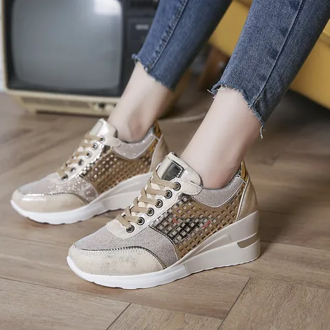 Dames Mode Wedge Sneakers Dikke Zool Ademend Mesh Dad Schoenen Casual Platform Sportieve Wandelschoenen Goud Grijs Zwart Luipaard