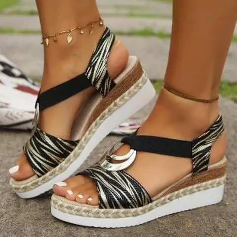 Women's Peep Toe Wedge Sandals With Metal Buckle Snake Zebra Pattern Straw Weave Summer Beach Shoes Plus Size