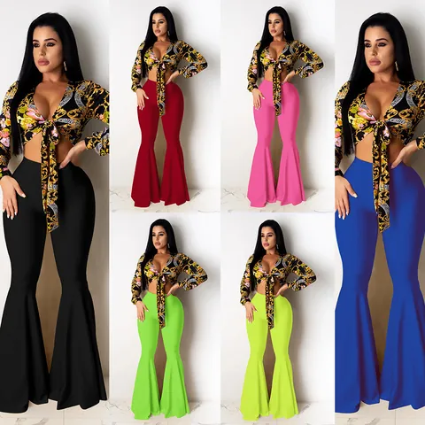 Women Top And Bottom Polyester Baroque Print Sexy Flare Pants Ruffle Hem Deep V Neck Outfits Nightclub Party Wear Clothing
