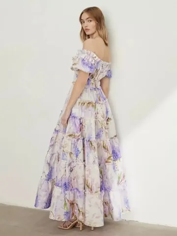 Women Off Shoulder Organza Floral Maxi Dress Elegant Puff Sleeve Tiered Cake Skirt Evening Party Wedding Guest Long Dress