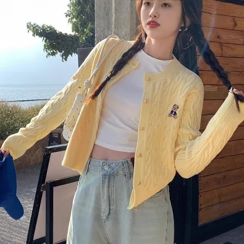 Women's Korean Academy Style Cable Knit Cardigan With Bear Embroidery Metal Buttons Long Sleeve Polyester Sweater Top