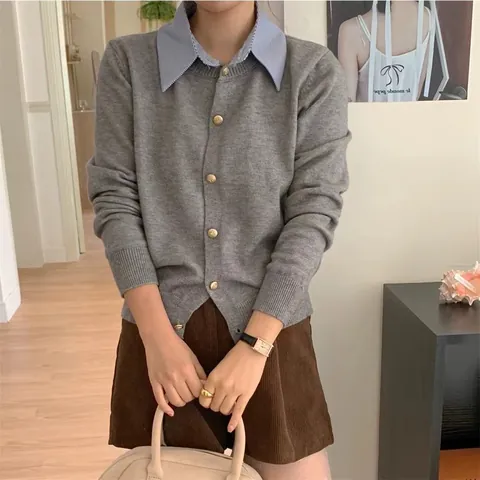 Women's Fake Two Piece Knit Sweater Striped Shirt Collar Long Sleeve Top Elegant Gold Button Korean Fashion Pullover