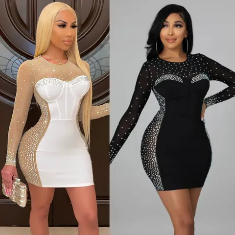 Women's Sexy Bodycon Rhinestone Dress Long Sleeve Mesh Patchwork Sheer Mini Dress Glamorous Slim Fit Club Party Wear Dress