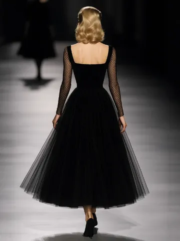Elegant French Retro Black Mesh Maxi Dress Square Neck Long Sleeve Puff Tulle Evening Party Dress For Women