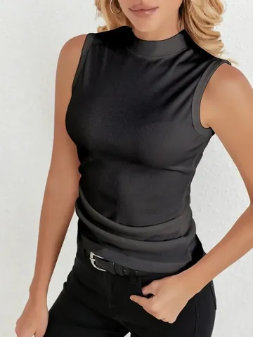 Women Mock Neck Sleeveless Ribbed Tank Top Slim Fit Solid Color Knitted Summer Casual Vest