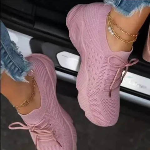 Women's Breathable Flyknit Sneakers Lightweight Mesh Athletic Walking Shoes Sport Casual Platform Flat Shoes White Red Size 35-43