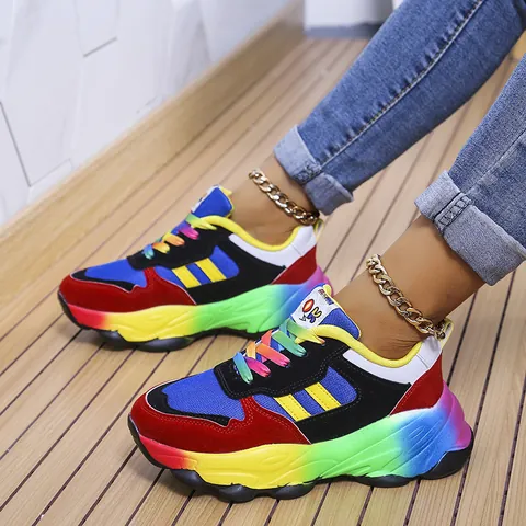Sneakers Donna Fashion Platform Arcobaleno Color Block Chunky Dad Shoes Mesh Traspirante Pelle Artificiale Stringate Sneakers Casual