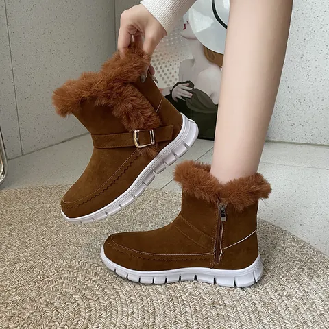Dames Winter Sneeuwlaarzen Warme Pluche Voering Kunstbont Kraag Platte Zool Zijritssluiting Mode Enkellaarzen Katoenen Schoenen