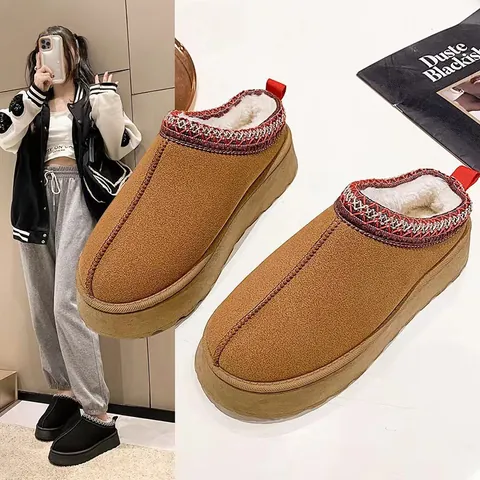 Women Fashion Snow Boots Platform Slipper Faux Fur Lined Warm Winter Shoes Embroidered Trim Slip On Outdoor Casual Slides