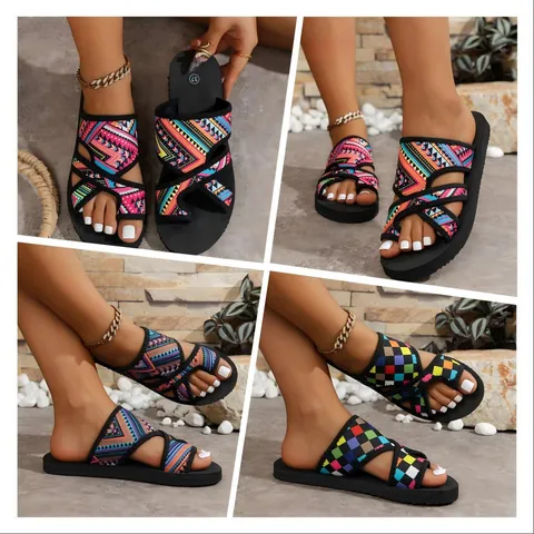 Damen Peep Toe Strand Sandalen Atmungsaktiv Mesh Slipper Weiche Sohle Rutschfest Bohemian Geometrisches Muster Flache Hausschuhe
