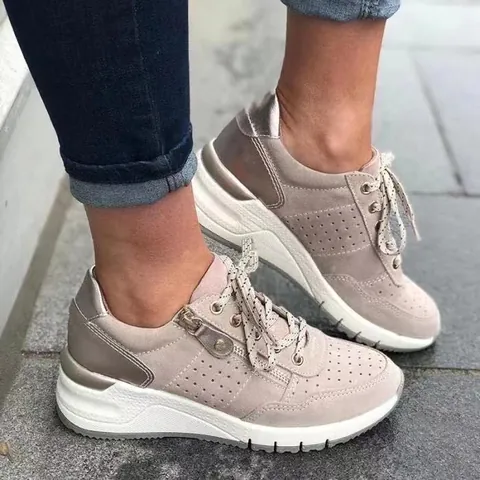 Fashion Women's Platform Sneakers Lace-Up Side Zipper Casual Wedge Walking Shoes Solid PU Leather Breathable Large Size