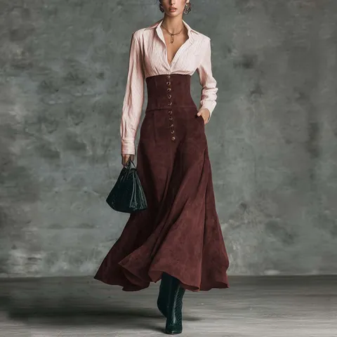 Vestito Lungo Patchwork da Donna Camicia a Righe Manica Lunga Vita Alta Elegante Vestito a Trapezio per Autunno Inverno Casual Ufficio
