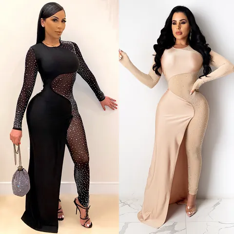 Women Sexy Rhinestone Mesh See-Through Jumpsuit With High Slit Skirt Long Sleeve Slim Fit Nightclub Party Bodycon Romper