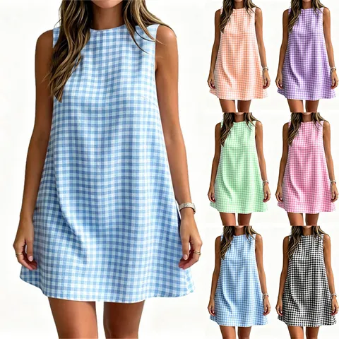 Women Casual Plaid Sleeveless Dress Summer Round Neck A-Line Mini Dress Gingham Back Zipper Patchwork Beach Sun Dress