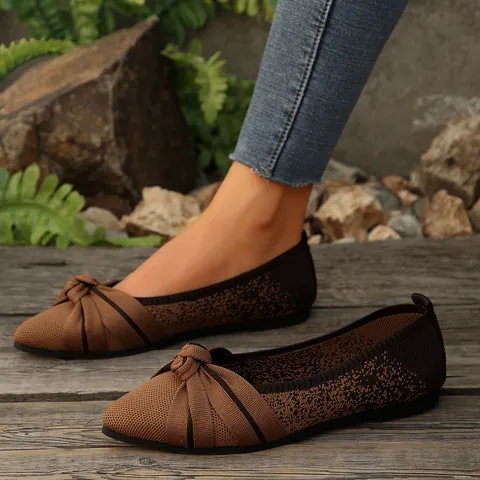 Women Pointed Toe Flat Shoes Fashion Fly-Knit Slip-On Bow Breathable Color-Block Casual Walking Shoes Plus Size Single Shoes
