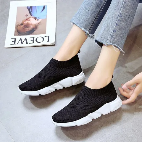 Women Breathable Fly-knit Platform Sneakers Casual Slip-On Sock Shoes Thick Sole Lightweight Walking Shoes Comfort Fashion Sports Footwear