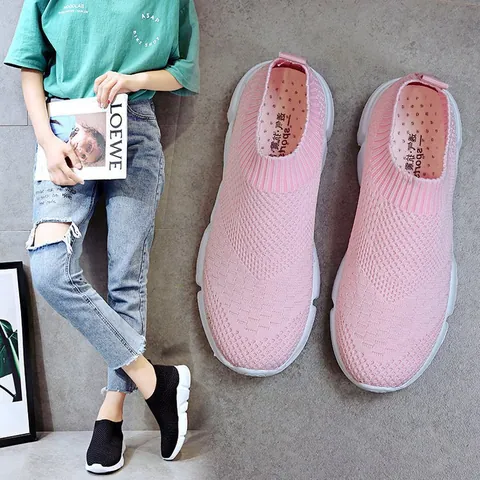 Women Breathable Fly-knit Platform Sneakers Casual Slip-On Sock Shoes Thick Sole Lightweight Walking Shoes Comfort Fashion Sports Footwear