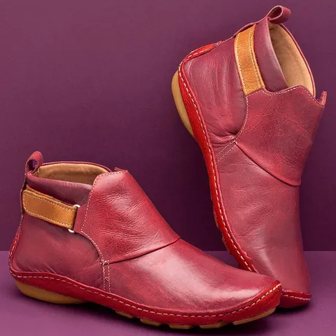 Women Retro PU Leather Ankle Boots Autumn Winter Flat Martin Boots Hook and Loop Comfortable Short Boots plus size footwear