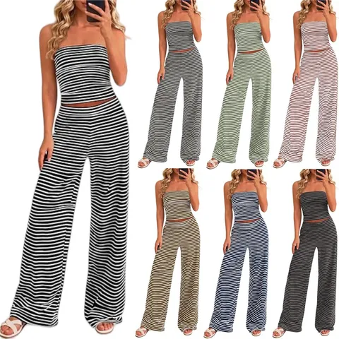 Women Striped Tube Top And Wide Leg Pants Set Casual High Waist Elastic Trousers Top And Bottom Vacation Lounge Outfit
