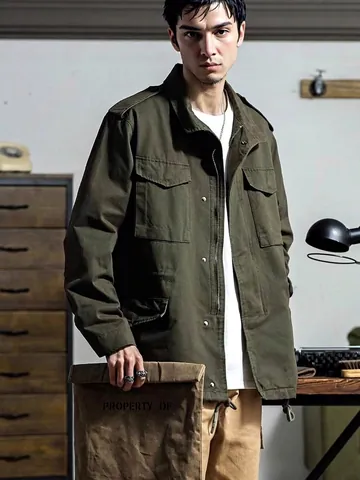 Men's Vintage Heavyweight Utility Jacket Cotton Canvas Multi-Pocket M65 Style Loose Casual Long Sleeve Top