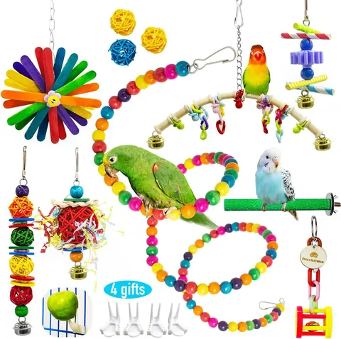 Wood Bird Toy Collection For Parrots Colorful Rattan Balls Swing Bells Climbing Rope Chewing Stand Perch Bird Cage Accessories