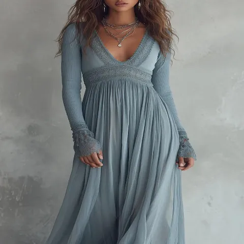 Women Bohemian Festival Knit Chiffon Pleated Lace Patchwork Maxi Dress Elegant V-Neck Long Sleeve High Waist Draped Dress