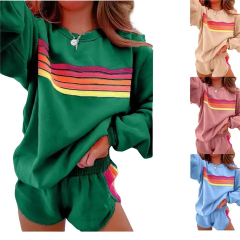 Damen Casual Regenbogenstreifen Sweatshirt Und Shorts Zweiteiler Lose Rundhals Langarm Top Und Bottom Set
