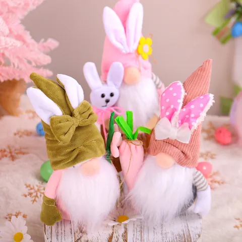 Easter Bunny Gnome Faceless Doll Plush Rabbit With Bunny Ears Holding Carrot Flower Ornament For Holiday Party Home Table Decor