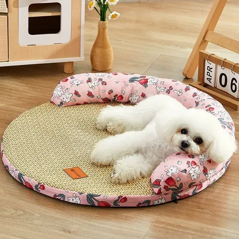Cama Refrescante de Verano para Mascotas Estera de Ratán Lavable Nido para Perro Gato Patrón Floral Sofá Redondo para Perros Pequeños Gatos