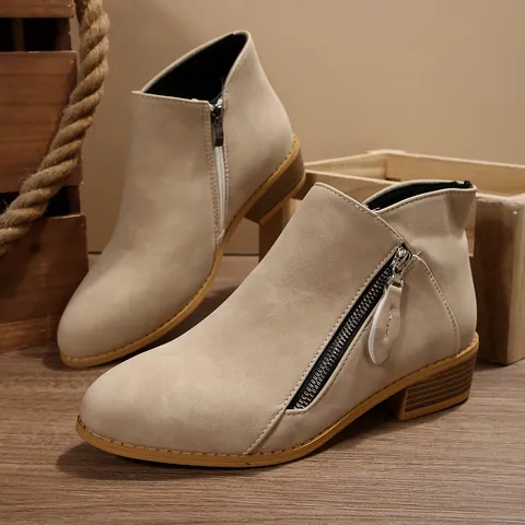 Women Pointed Toe Ankle Boots Synthetic Leather Block Heel Side Zipper Winter Autumn Casual Fashion Big Size Shoes