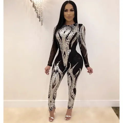 Damen Sexy Pailletten Einteiler Langarm Durchsichtiges Netz Bodycon Barock Geometrisches Muster Abendparty Bankett Romper