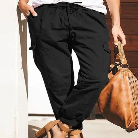 Women Casual Solid Color Cargo Pants Fashion High Waist Drawstring Multi Pocket Jogger Pants Comfortable Cotton Bottoms
