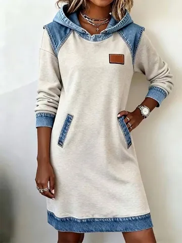 Women's Denim Patchwork Hoodie Dress Long Sleeve Contrast Color Block Pullover Sweatshirt Dress with Pockets Fashion Casual Top