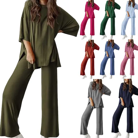 Women Casual Two Piece Set Solid Color Round Neck Short Sleeve Top And Wide Leg Pants With Pockets Comfortable Loungewear