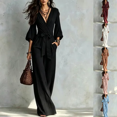 French Style Deep V-Neck Bubble Sleeve Wide Leg Jumpsuit High Waist Slimming Long Romper With Belt For Women Elegant Fashion Jumpsuit