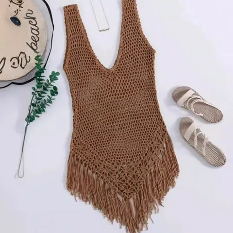Bohemian Hand Crochet Beach Bikini Cover Up Hollow Knit Tassel V Neck Sleeveless Summer Vacation Sun Protection Top