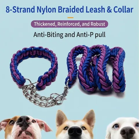 Heavy Duty 8-Strand Braided Nylon Dog Leash and Collar Set Reflective Anti-Pull Pet Traction Rope For Large Dogs Outdoor Running Accessories